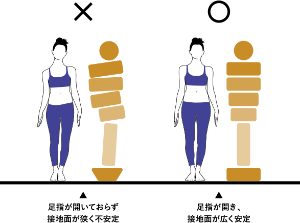 足指が開いておらず、接地面が狭く不安定。足指が開き、接地面が広く安定。